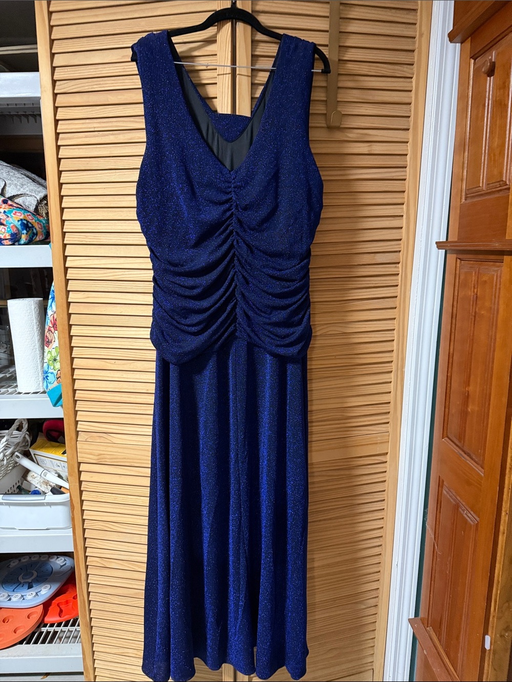 Sparkle Cowl-Front Navy Evening Gown